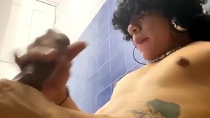 curly Hair Latino teen With Tattoos Jerks Off His monstrous darksome ramrod